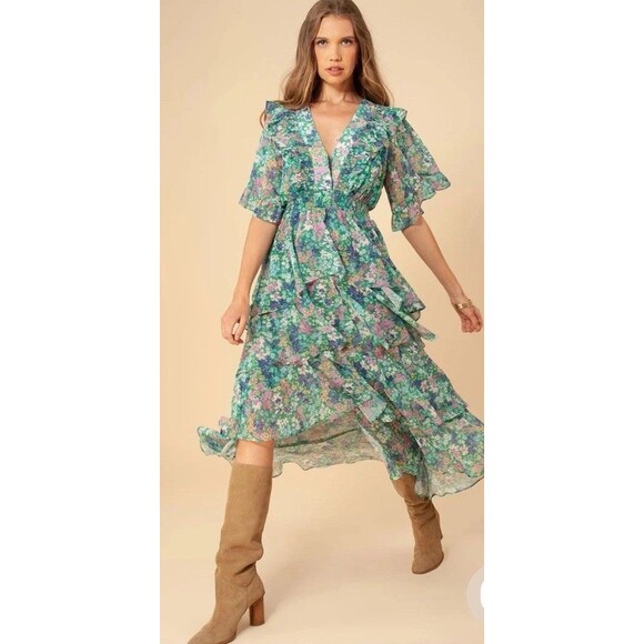 HALE BOB Natasha Chiffon Floral Tiered Dress Greem Midi Medium - Rtl $318 - Picture 1 of 8